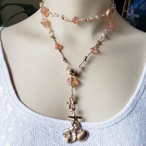 Starfish Glass Shell Coral Beach Sea life Woven Rope Y Lariat Long Necklace